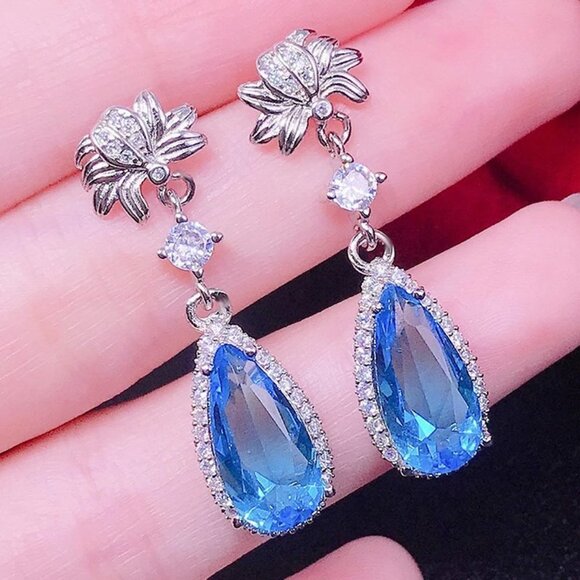 925 Silver Pear Cut Flower Shaped Blue Earrings for Women, FB16FA1039 - Picture 1 of 5